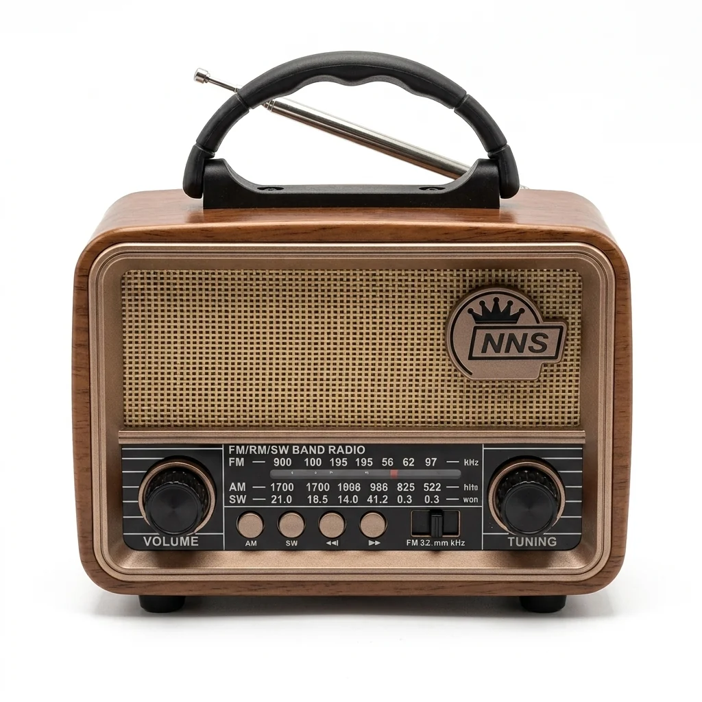 Vintage Wooden Portable Multi-Band Radio with classic wood-grain finish and dual rotary knobs for tuning.