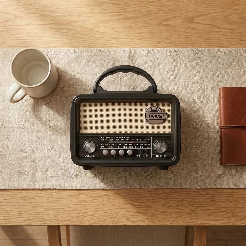 Vintage Wooden Portable Multi-Band Radio on a table with a mug and notebook.
