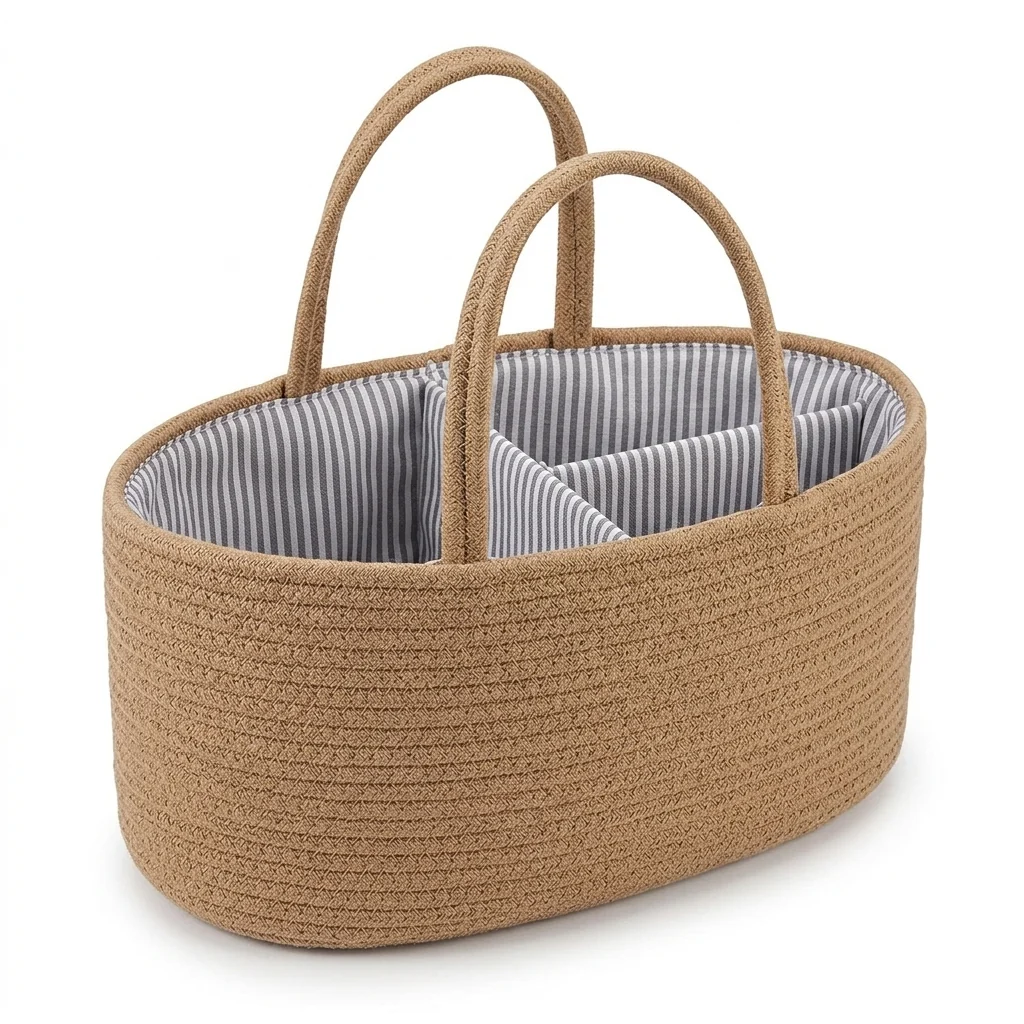 Woven Cotton Rope Diaper Caddy displaying interior dividers and chic striped fabric lining for organized baby essentials.