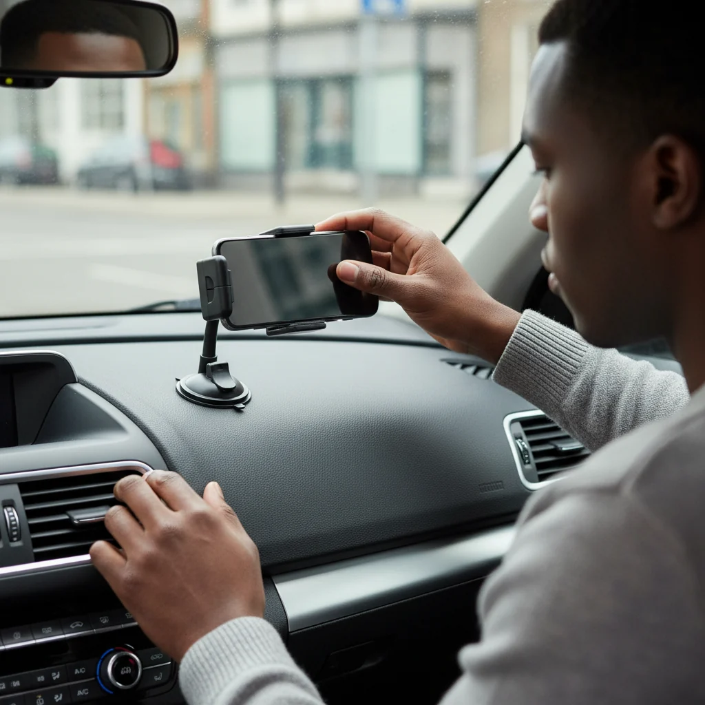 A person adjusting a smartphone in a 360-degree rotating multifunction car phone holder on a car dashboard.