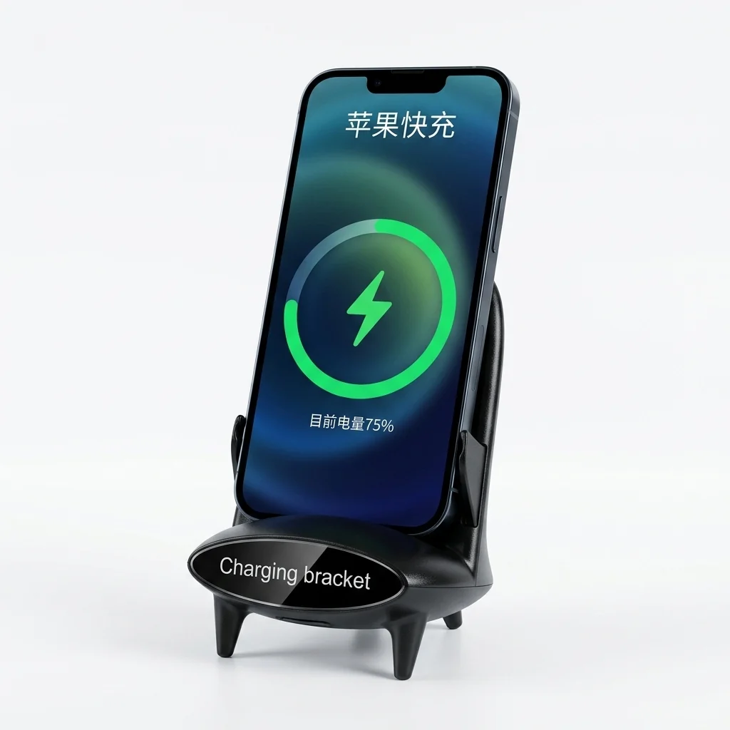 Desktop Magnetic Wireless Charging Bracket displaying a phone charging with a green battery status indicator.