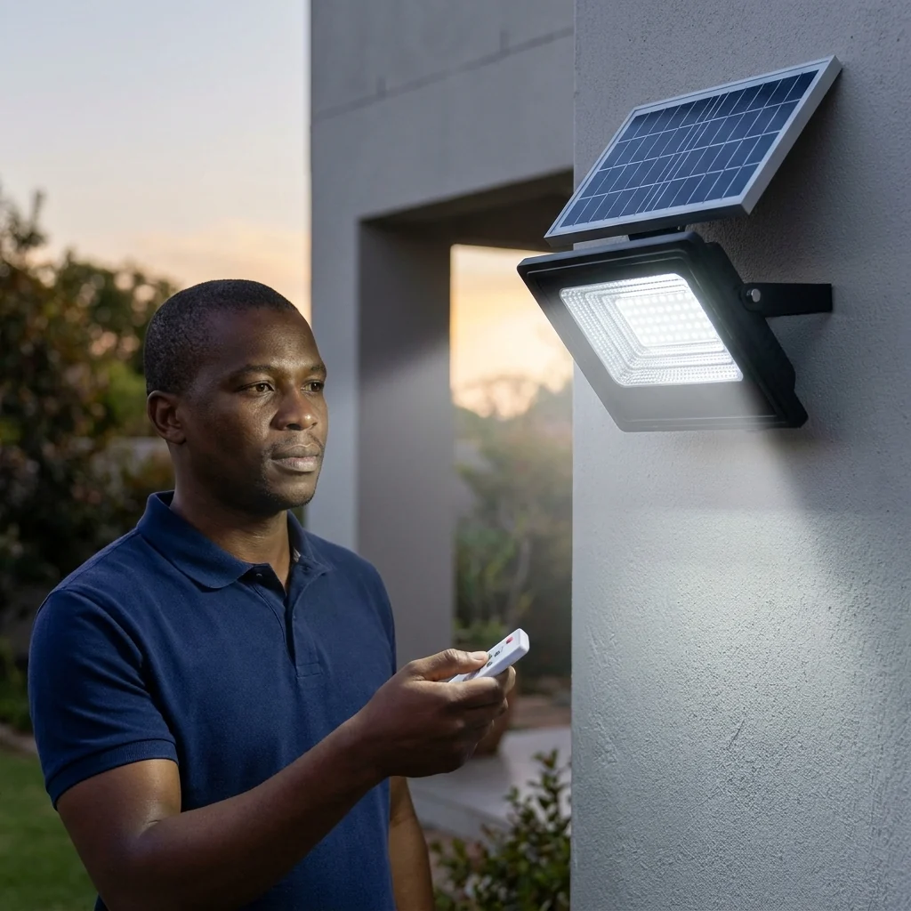 Person using remote control for IP65 Waterproof LED Floodlight with solar panel outdoors during sunset.