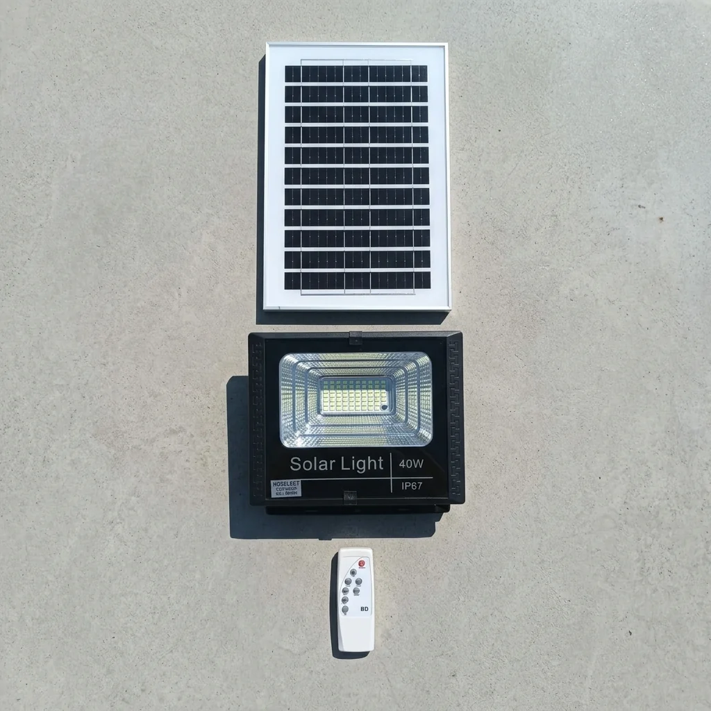 40W Solar Floodlight with solar panel and remote control on a concrete surface