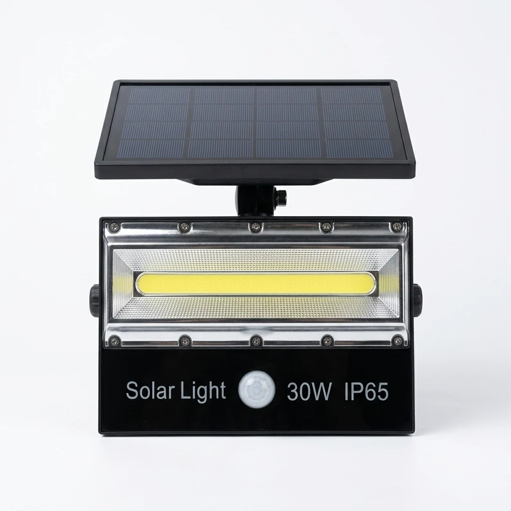 30W Solar COB Flood Light PIR IP65 with solar panel and motion sensor for outdoor use.