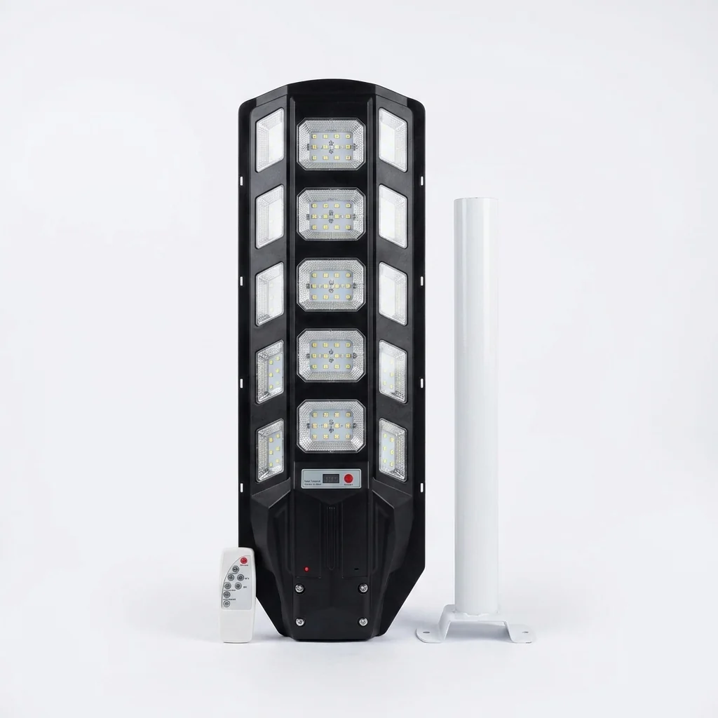 500W Solar Street Light with Motion Sensor featuring LED panels, remote control, and installation pole.