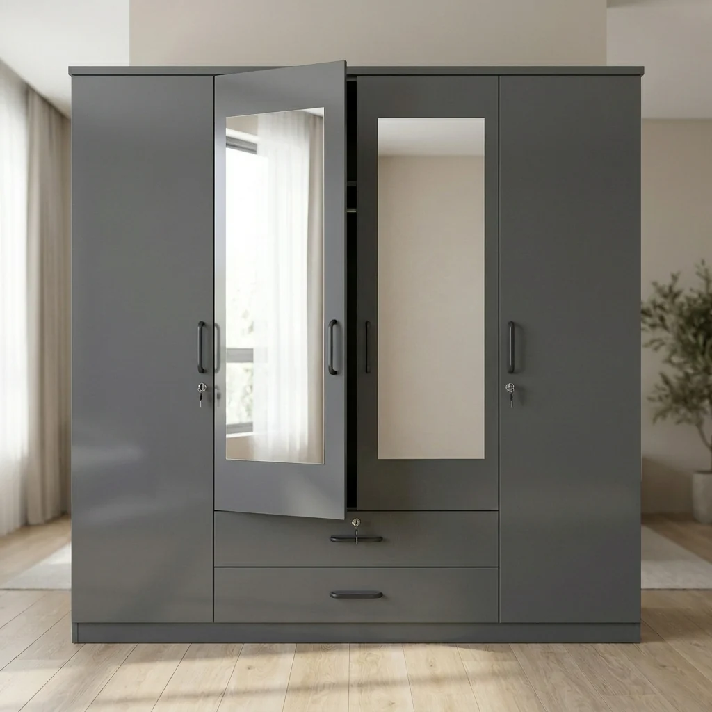 4-Door High Gloss Charcoal Wardrobe with Full-Length Mirrors showcasing a modern design and full-length mirrors.