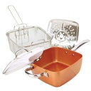 5Pcs Set Deep Dish Square Pan 9.5'' featuring a copper cooking pot, steaming basket, and glass lid for versatile meal preparation.