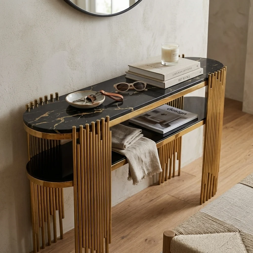 Stylish and Modern Console Table featuring a sleek design with gold accents and a marble top, enhancing any living space.