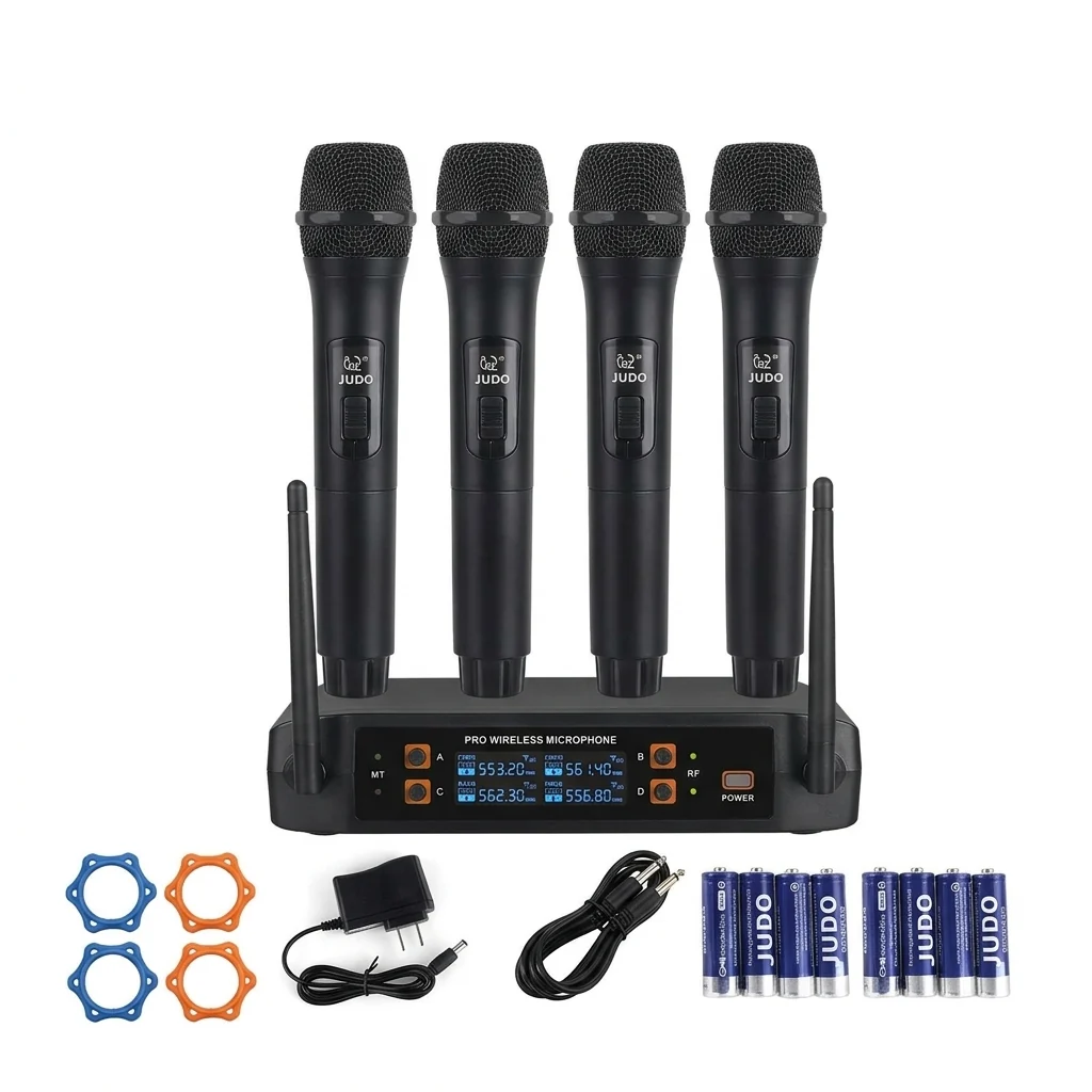 4-Channel Professional Wireless Handheld Microphone System with four microphones and receiver.