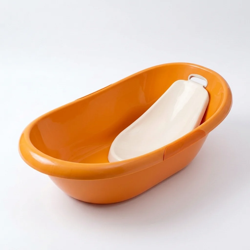 Ergonomic Baby Bathtub with Seat in orange, featuring a contoured support insert for newborns.