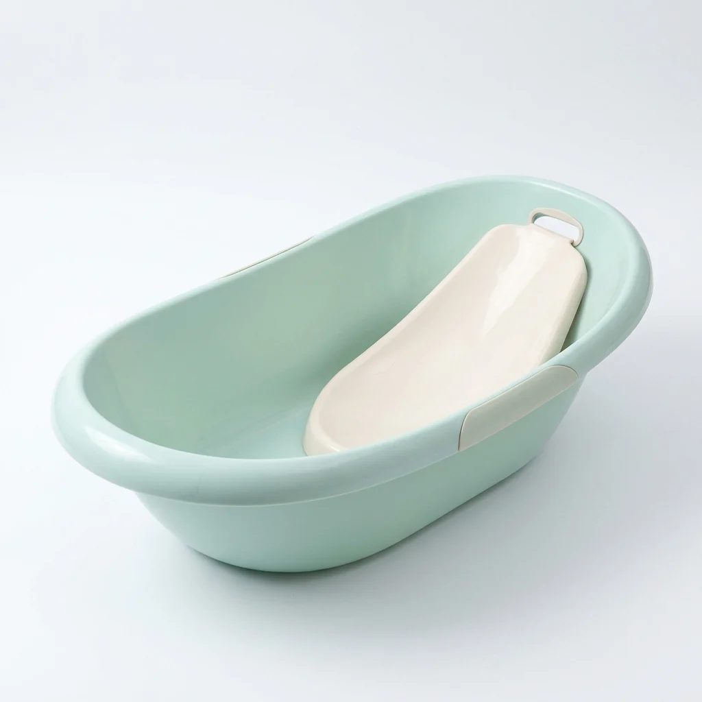 Ergonomic Baby Bathtub with Seat in soft mint color, designed for safe and comfortable infant bathing.