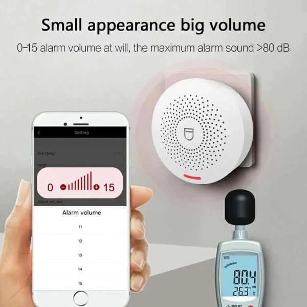 Smart Wifi Home Alarm System Kit with adjustable alarm volume settings and high sound output for home security.