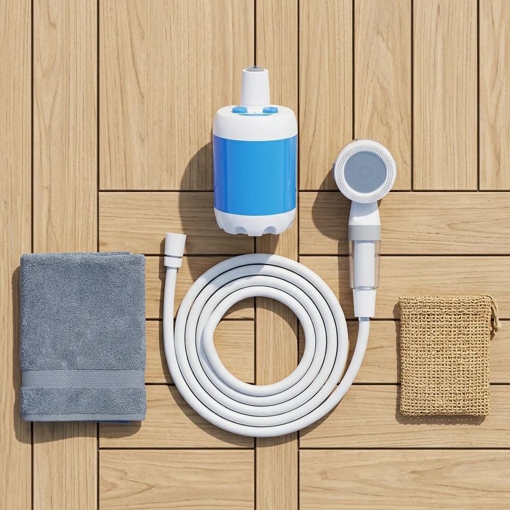Portable Electric Outdoor Shower Pump Kit including pump, shower head, hose, and towels on wooden surface.