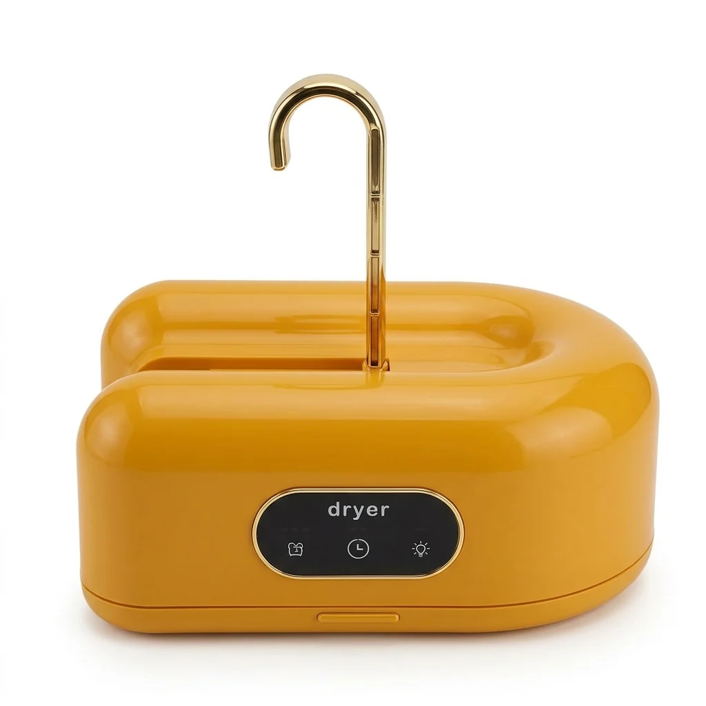 Portable Electric Mini Clothes Dryer in a vibrant yellow color with integrated gold-tone hanging hook.