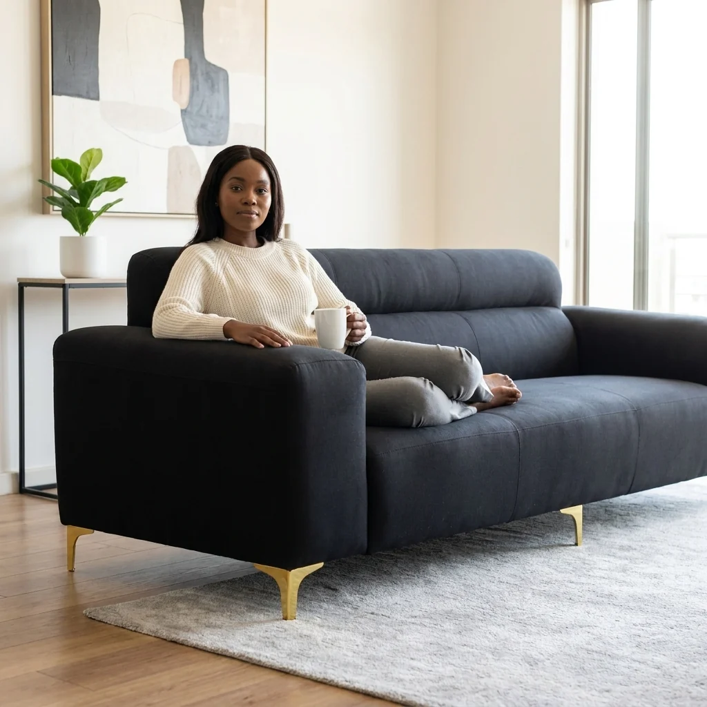 Modern Black 3-Seater Sofa with Gold Metal Legs